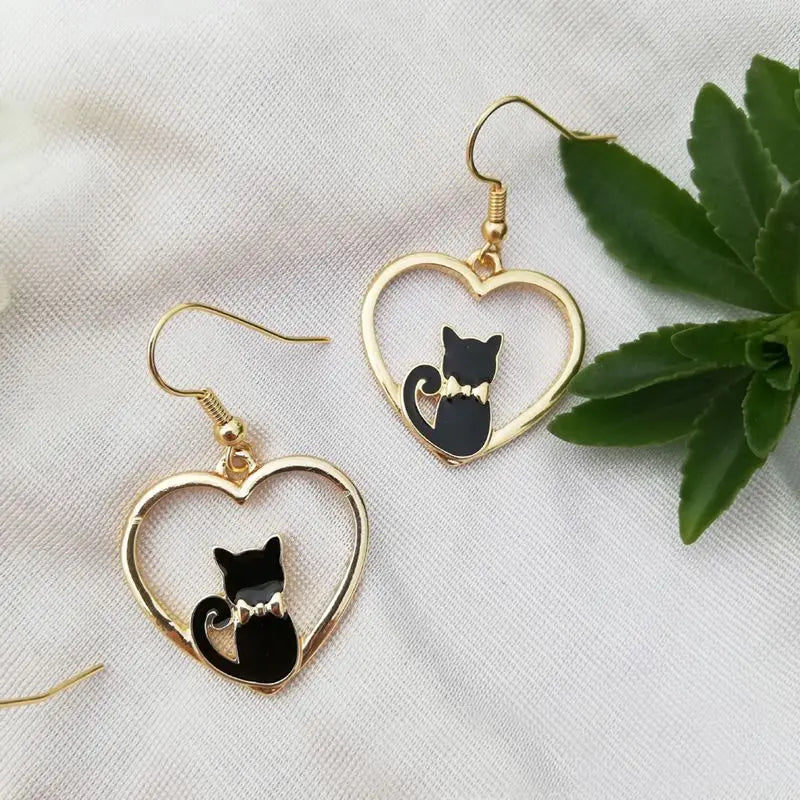 New Fashion Cute Cat Dangle Earrings For Women Hollow Heart Shape Sweet Flowers Crystal Drop Earring Girl Party Jewelry Gifts