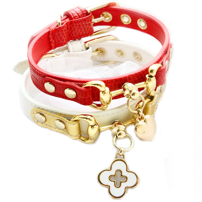 Dog Collar Leather Leash  Cat Pet Supplies Accessories Premium Real Calfskin Gold Plated Buckle Red Lizard White Litchi Pattern