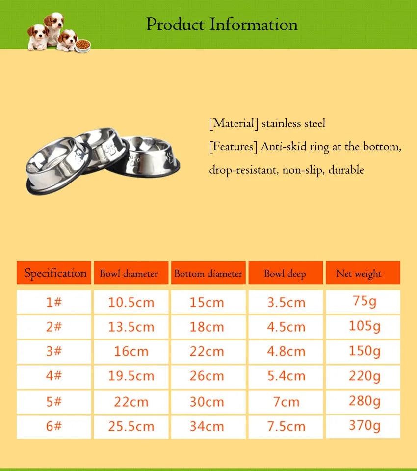 6 Size Stainless Steel Dog Bowl For Dish Water Dog Food Bowl Pet Puppy Cat Pet Bowl Feeder Feeding Dog Water Bowl For Dogs Cats