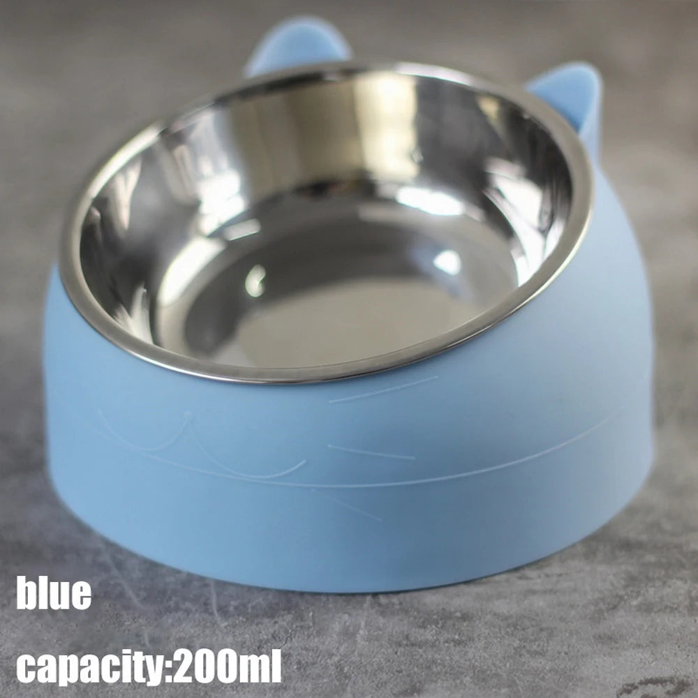 Cat Bowl 15 Degrees Raised Stainless Steel Cat Bowls Safeguard Neck Puppy Cat Feeder Non-slip Crash Elevated Cats Food Bowl