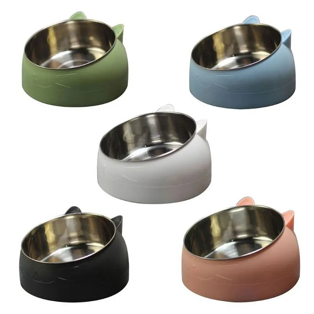 Cat Bowl 15 Degrees Raised Stainless Steel Cat Bowls Safeguard Neck Puppy Cat Feeder Non-slip Crash Elevated Cats Food Bowl