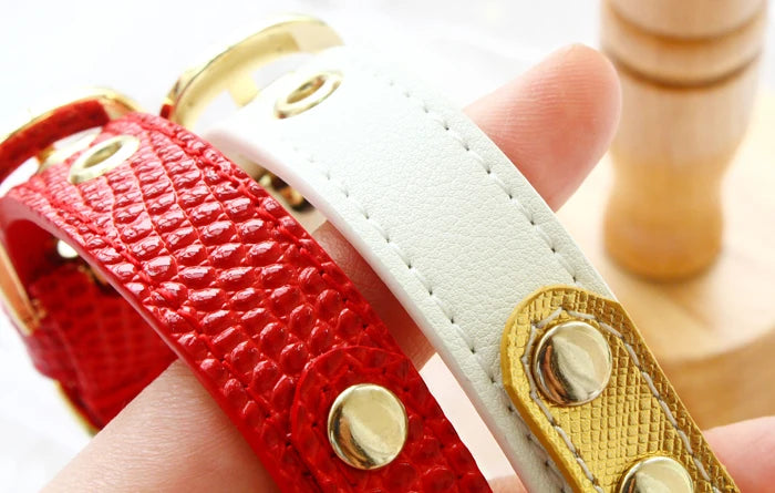 Dog Collar Leather Leash  Cat Pet Supplies Accessories Premium Real Calfskin Gold Plated Buckle Red Lizard White Litchi Pattern