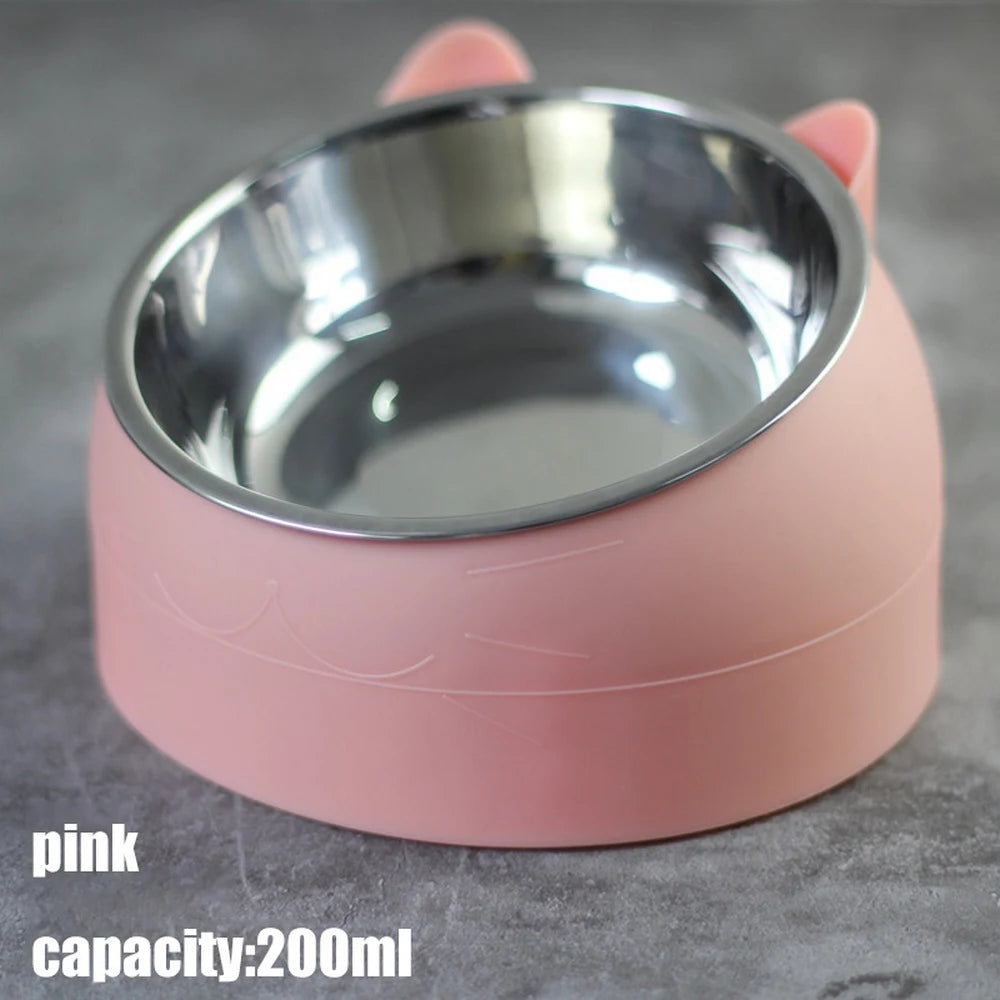 Cat Bowl 15 Degrees Raised Stainless Steel Cat Bowls Safeguard Neck Puppy Cat Feeder Non-slip Crash Elevated Cats Food Bowl