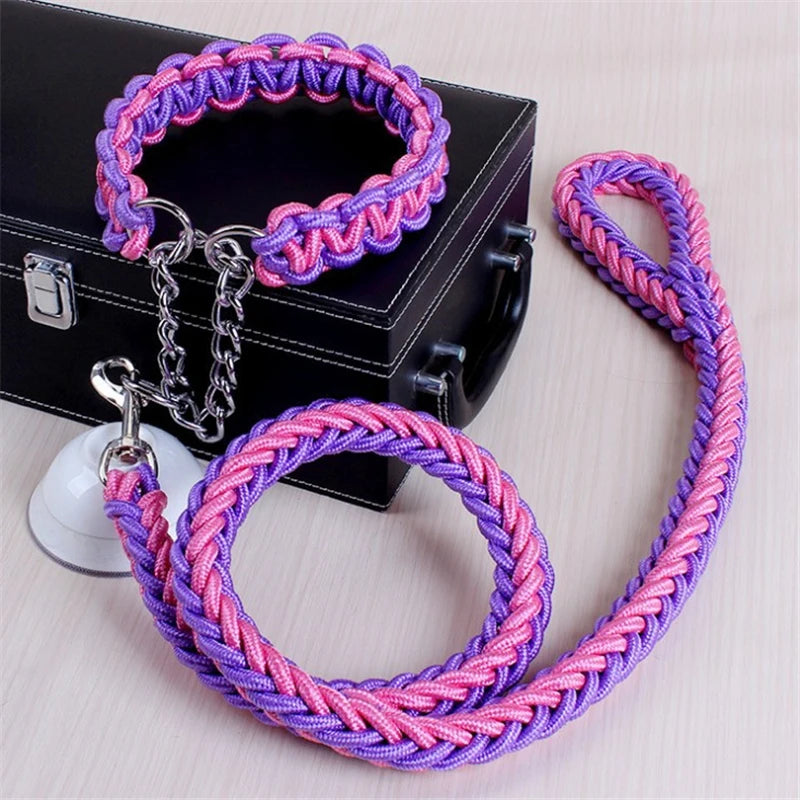 1.2M 17 colors Length Double Strand Rope Large Dog Leashes Metal P Chain Buckle National Color Pet Traction Rope Collar Set A 14