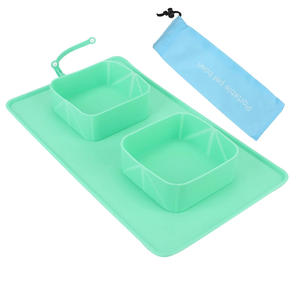 Silicone Portable Pet Bowl For Dogs Cats Food Container Water Feeder Pet Supplies Folding Double Bowls With Flannel Bag