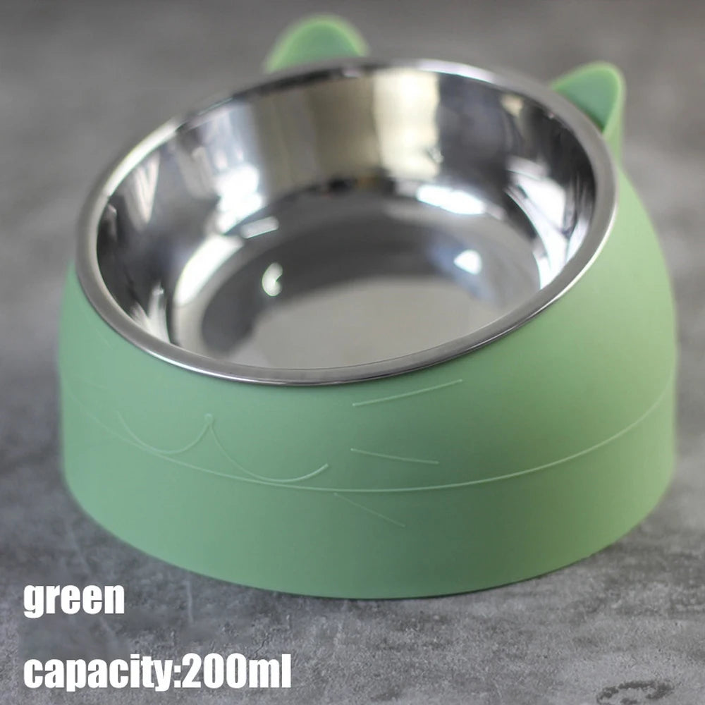 Cat Bowl 15 Degrees Raised Stainless Steel Cat Bowls Safeguard Neck Puppy Cat Feeder Non-slip Crash Elevated Cats Food Bowl