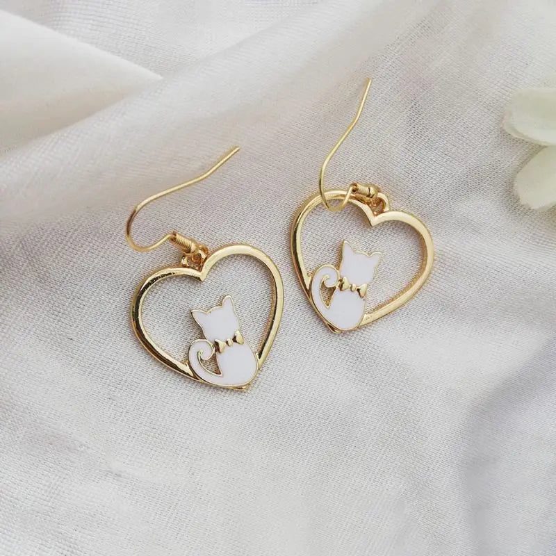 New Fashion Cute Cat Dangle Earrings For Women Hollow Heart Shape Sweet Flowers Crystal Drop Earring Girl Party Jewelry Gifts