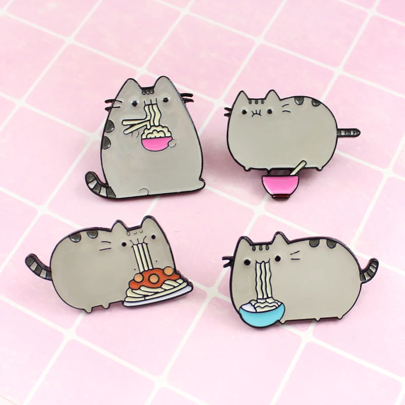 Cartoon  Cute Grey Fat Cat Brooch Four Cat Types Animal  Eat Noodles Metal Clothes Bag Jewelry For Friends Kids Brooches