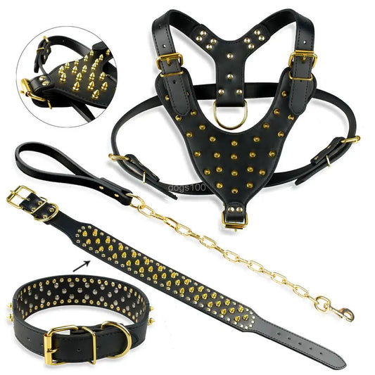 Large Dog Pet Pitbull Gold Spikes Studded Leather Harness Collar Leash Set for Large Dogs