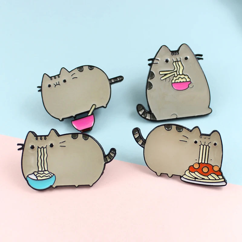 Cartoon  Cute Grey Fat Cat Brooch Four Cat Types Animal  Eat Noodles Metal Clothes Bag Jewelry For Friends Kids Brooches