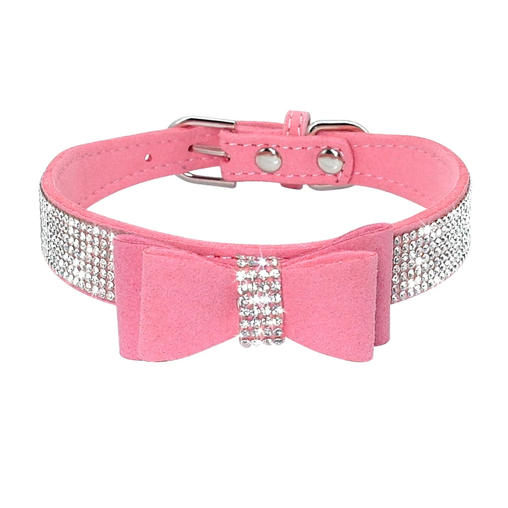 Suede Rhinestone Dog Collar Sparkly Crystal Bow Tie Dogs Cat Collars Bowknot Diamonds Collars for Small Medium Pets Kitten Puppy