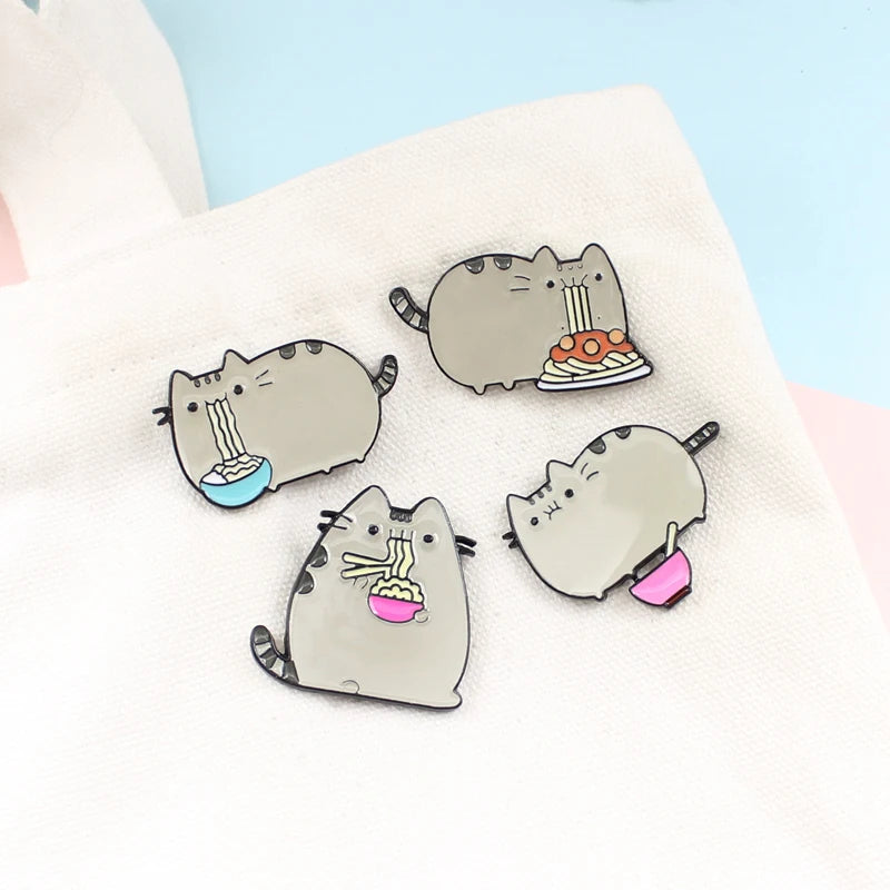 Cartoon  Cute Grey Fat Cat Brooch Four Cat Types Animal  Eat Noodles Metal Clothes Bag Jewelry For Friends Kids Brooches