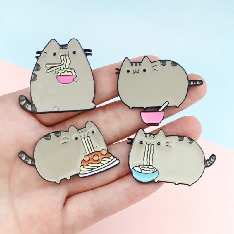 Cartoon  Cute Grey Fat Cat Brooch Four Cat Types Animal  Eat Noodles Metal Clothes Bag Jewelry For Friends Kids Brooches