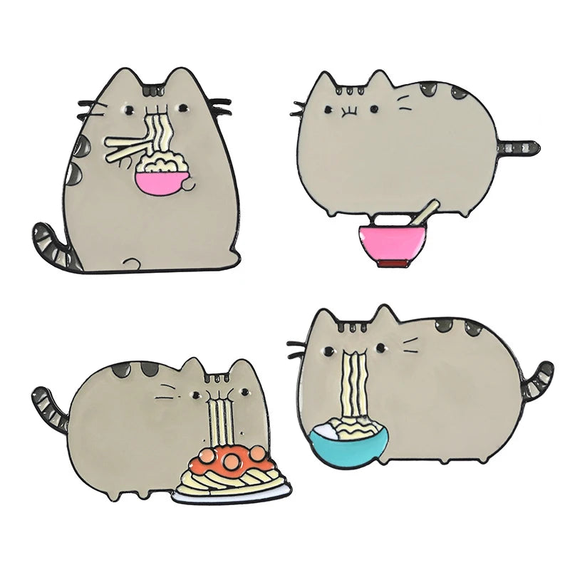 Cartoon  Cute Grey Fat Cat Brooch Four Cat Types Animal  Eat Noodles Metal Clothes Bag Jewelry For Friends Kids Brooches