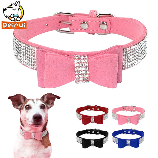 Suede Rhinestone Dog Collar Sparkly Crystal Bow Tie Dogs Cat Collars Bowknot Diamonds Collars for Small Medium Pets Kitten Puppy