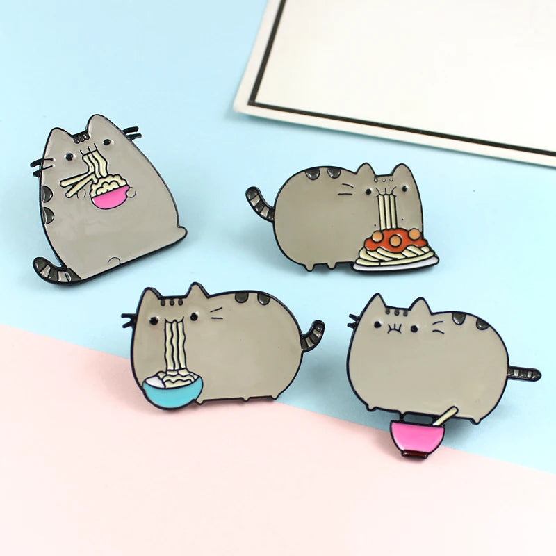 Cartoon  Cute Grey Fat Cat Brooch Four Cat Types Animal  Eat Noodles Metal Clothes Bag Jewelry For Friends Kids Brooches