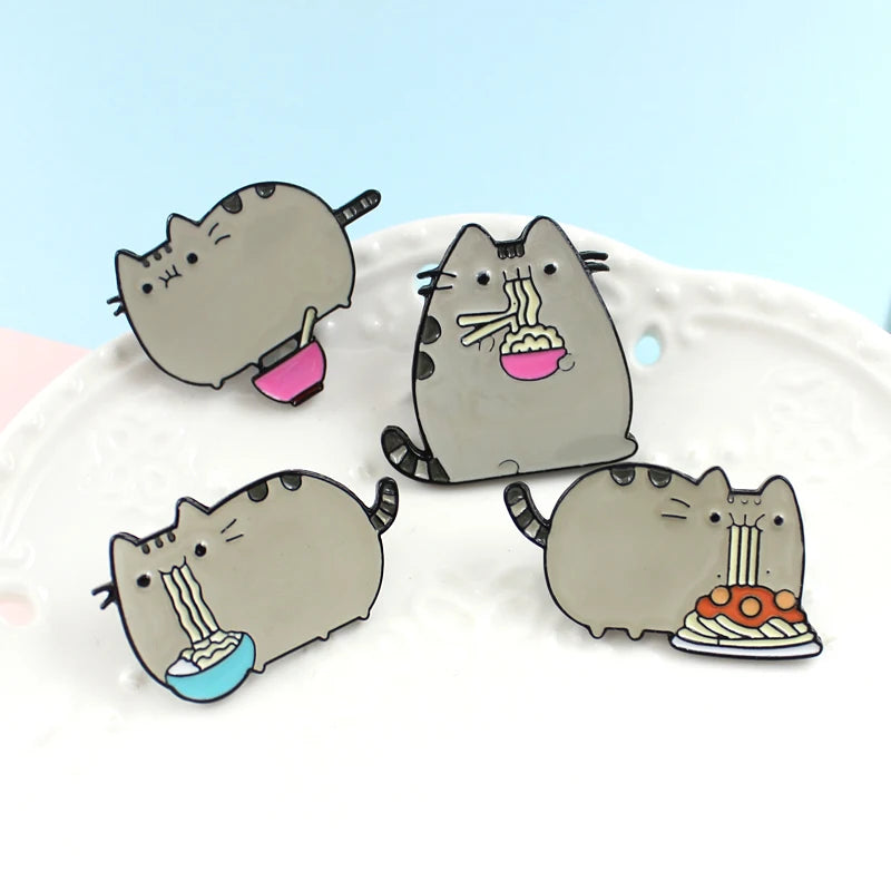 Cartoon  Cute Grey Fat Cat Brooch Four Cat Types Animal  Eat Noodles Metal Clothes Bag Jewelry For Friends Kids Brooches