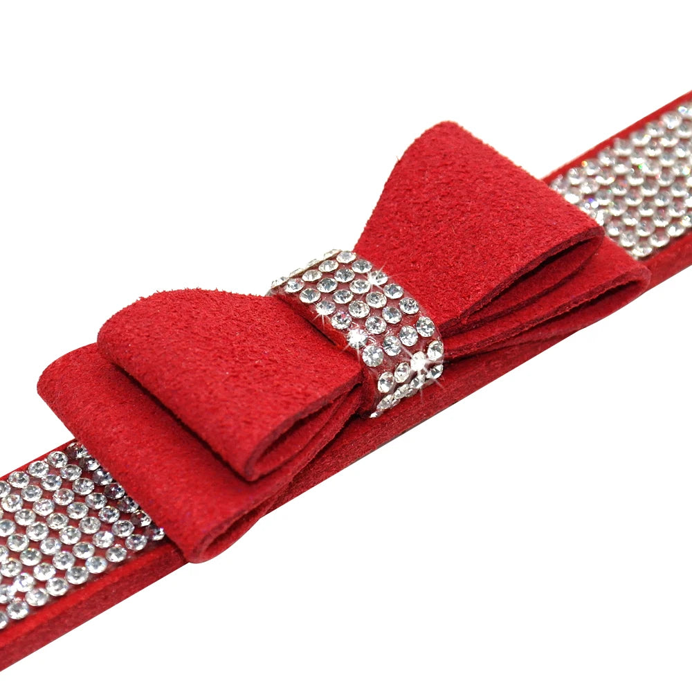 Suede Rhinestone Dog Collar Sparkly Crystal Bow Tie Dogs Cat Collars Bowknot Diamonds Collars for Small Medium Pets Kitten Puppy