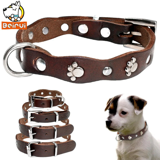 Genuine Leather Dog Collar Soft Adjustable Studded Pet Collars For Small Medium Dogs Cats Pitbull Brown Color XXS XS S M