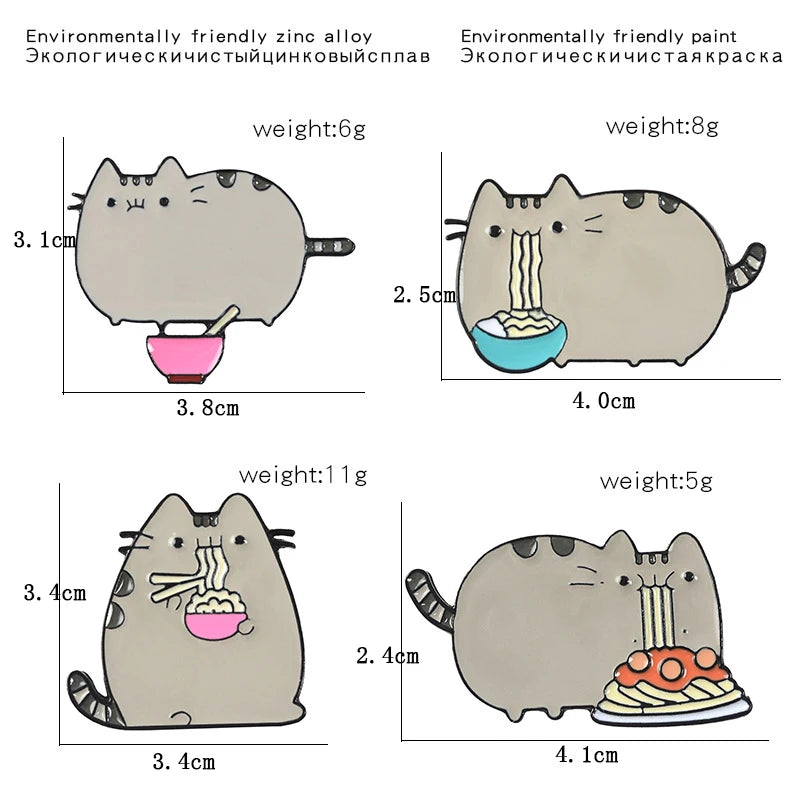 Cartoon  Cute Grey Fat Cat Brooch Four Cat Types Animal  Eat Noodles Metal Clothes Bag Jewelry For Friends Kids Brooches