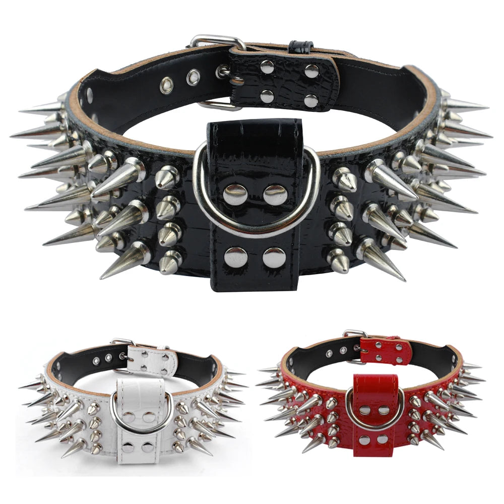 2 inch Wide Genuine Leather Dog Collar Spiked Studded Dog Collar for Medium Large X-Large Pitbull Rottweiler Dogs Cool Spikes