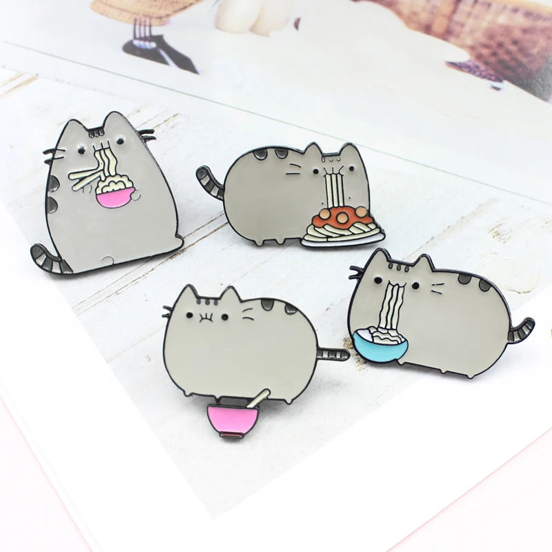 Cartoon  Cute Grey Fat Cat Brooch Four Cat Types Animal  Eat Noodles Metal Clothes Bag Jewelry For Friends Kids Brooches