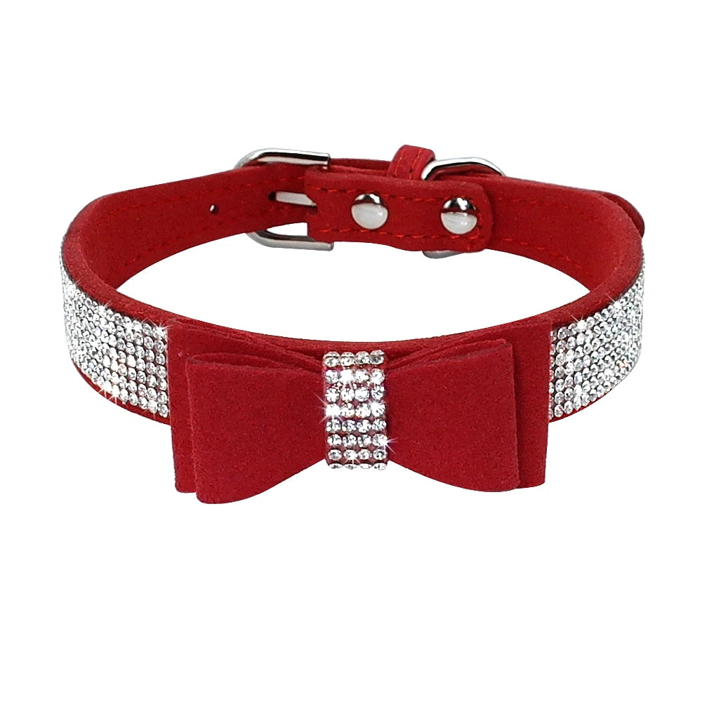 Suede Rhinestone Dog Collar Sparkly Crystal Bow Tie Dogs Cat Collars Bowknot Diamonds Collars for Small Medium Pets Kitten Puppy