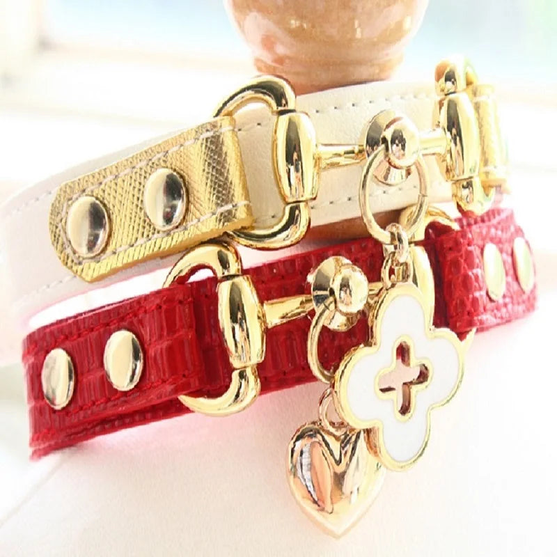 Dog Collar Leather Leash  Cat Pet Supplies Accessories Premium Real Calfskin Gold Plated Buckle Red Lizard White Litchi Pattern