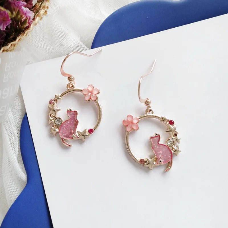 New Fashion Cute Cat Dangle Earrings For Women Hollow Heart Shape Sweet Flowers Crystal Drop Earring Girl Party Jewelry Gifts