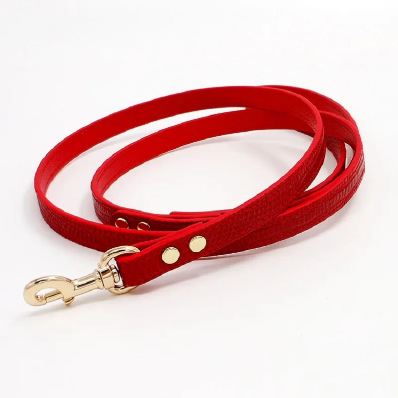 Dog Collar Leather Leash  Cat Pet Supplies Accessories Premium Real Calfskin Gold Plated Buckle Red Lizard White Litchi Pattern