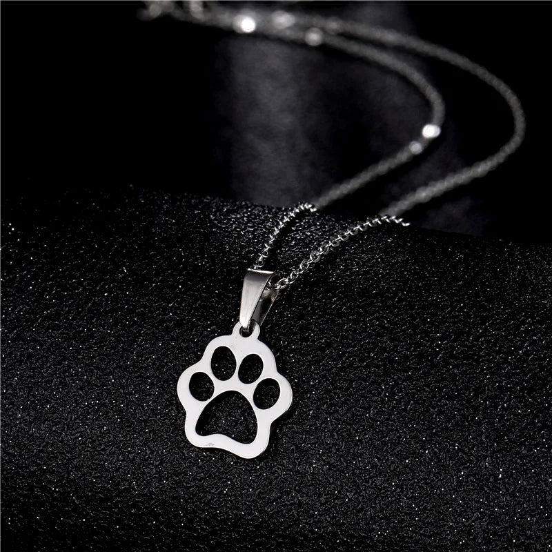 Cute Pets Dogs Cat Paw Chain Pendant Necklace Stainless Steel Silver Color Paw Jewelry for Women Kids Choker Necklace Christmas