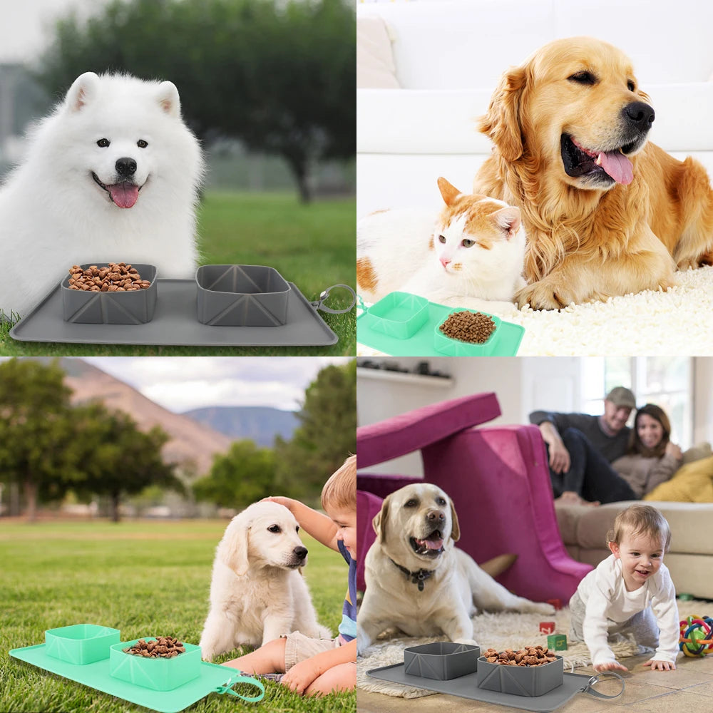 Silicone Portable Pet Bowl For Dogs Cats Food Container Water Feeder Pet Supplies Folding Double Bowls With Flannel Bag