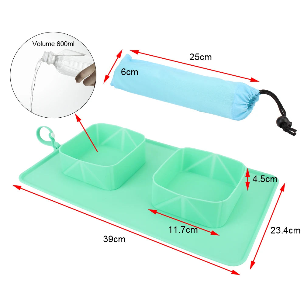 Silicone Portable Pet Bowl For Dogs Cats Food Container Water Feeder Pet Supplies Folding Double Bowls With Flannel Bag