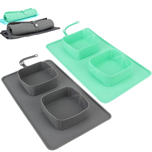 Silicone Portable Pet Bowl For Dogs Cats Food Container Water Feeder Pet Supplies Folding Double Bowls With Flannel Bag