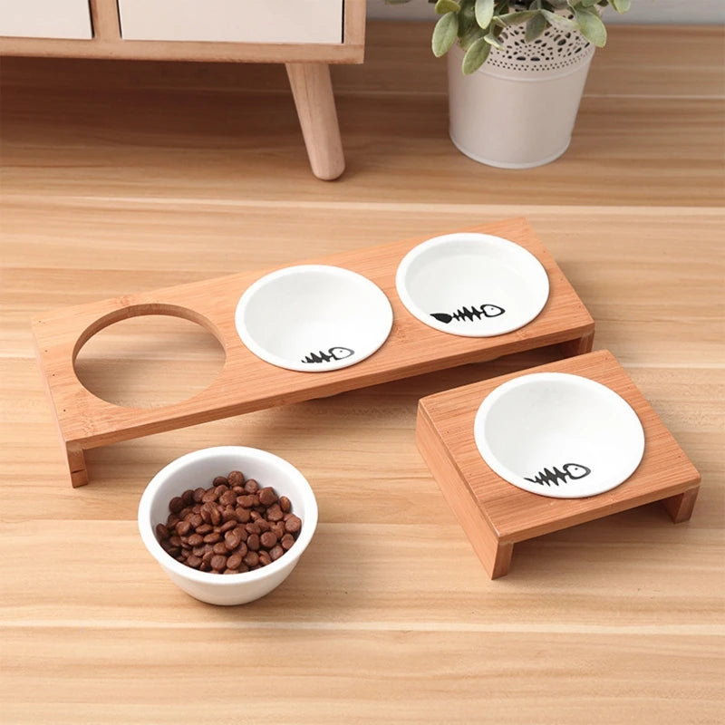 2024 New Cat Dog Feeders Bowls Bamboo Tableware Ceramic Pet Food Water Bowl High Grade Anti Skid Pet Supplies Dog Cat Bowl