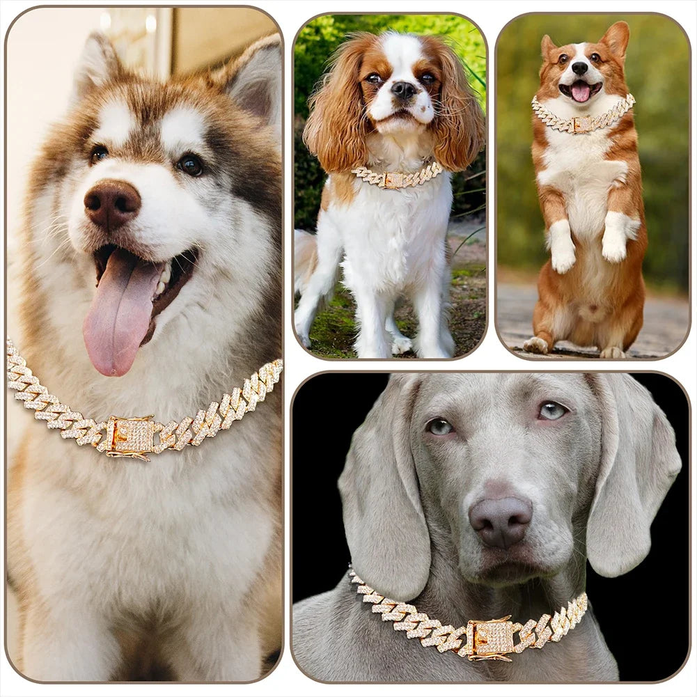 15MM Rhombus-shaped Diamond Cuban Collar Pet Cuban Collar Walking Metal Chain Collar Accessories for Dogs Cats Chain