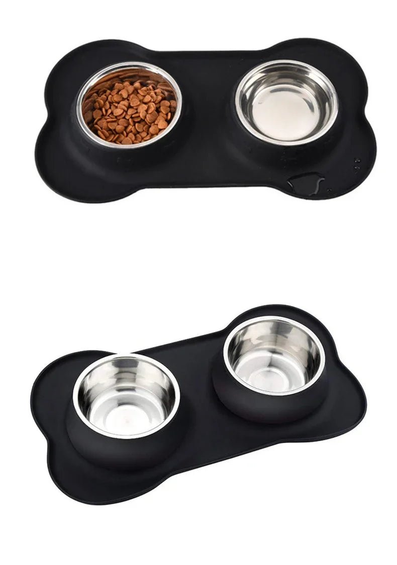 Antislip Double Dog Bowl With Silicone Mat Durable Stainless Steel Water Food Feeder Pet Feeding Drinking Bowls for Dogs Cats