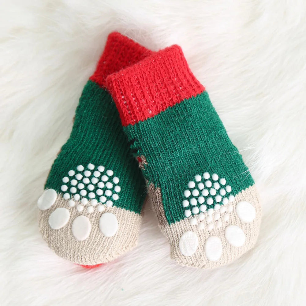 Dog Cat Socks 4 PCS Non-Slip Christmas Shoes Festival Themed Woven Paw Protector Knitting Pet Supplies for Floor Indoor