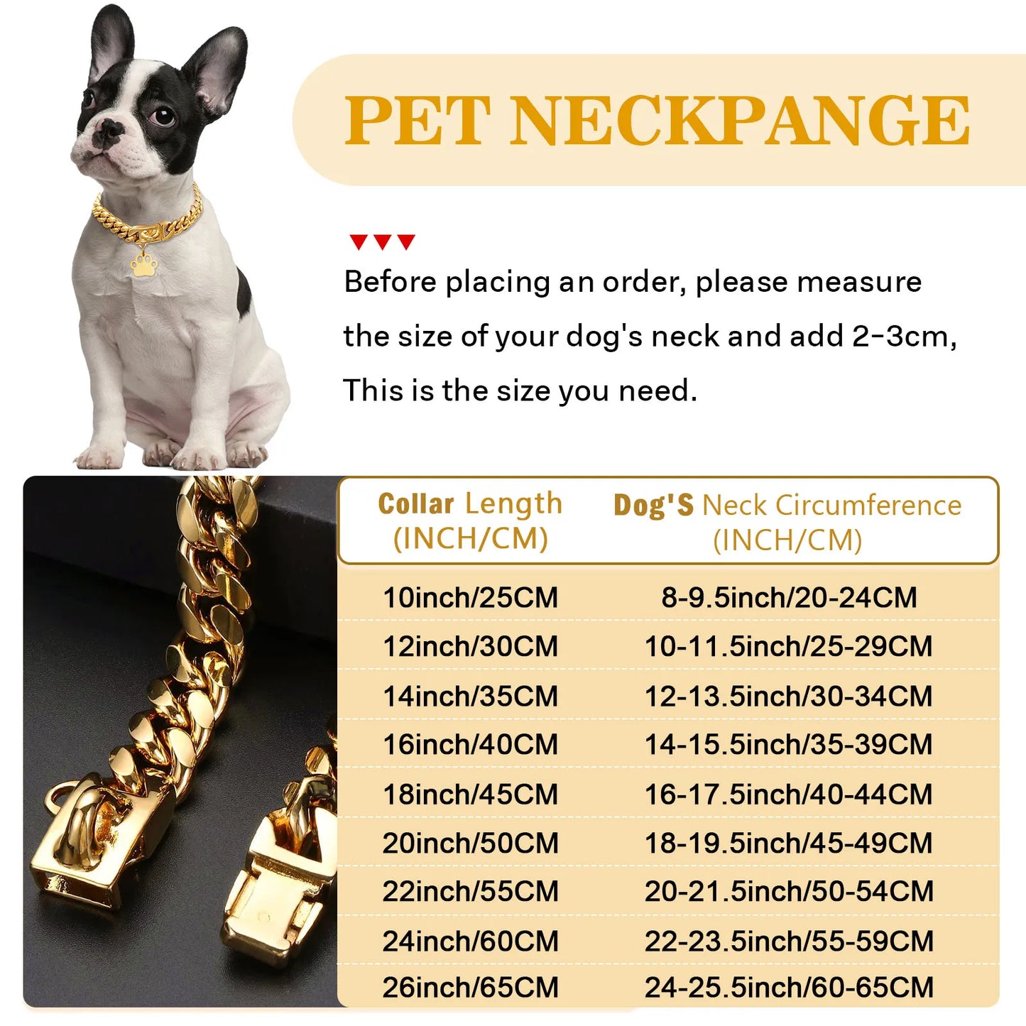 Strong Stainless Steel Dog Collar Choke with Safety Buckle Lock Golden Cuban Link Chain Training Collar for Pets Metal Necklace