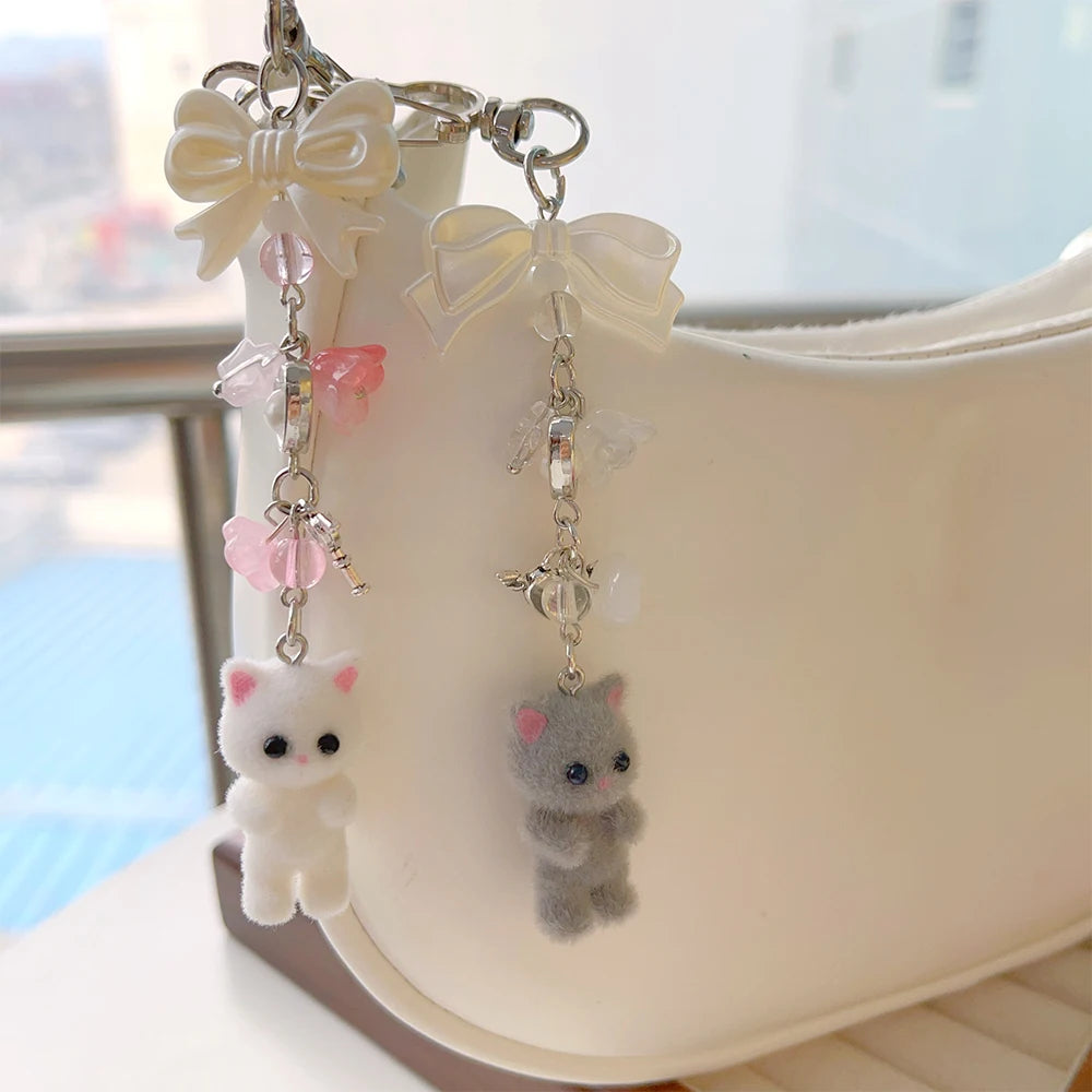 Furry Kitten Keychain Soft Plush Cat Bow Keychain Cartoon Women Girls Cute Bag Pendant Decoration White Gray Y2k Bowknot Keyring