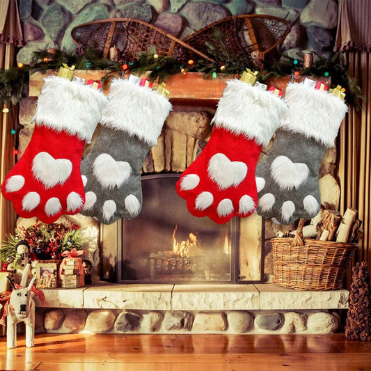 1pcs Christmas Stockings Home Decoration Accessories Plaid Christmas Gift Bags Pet Dog Cat Paw Stocking Socks Xmas Tree Ornament