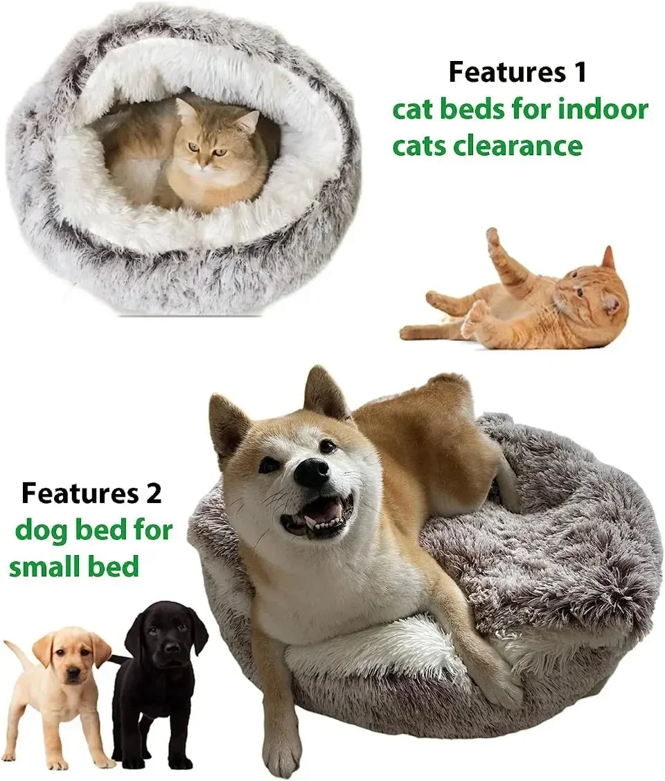 Soft Plush Round Cat Bed Warm Comfortable Winter Long Plush Pet Cat Bed Round Semi Enclosed Cat Nest For Small Dogs Sleep Bag