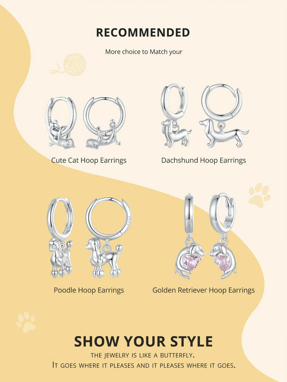 BAMOER 2024 New Arrival 925 Sterling Silver Drop Earrings, White Gold Plated Cute Dog Cat Dangle Hypoallergenic Earrings SCE1757