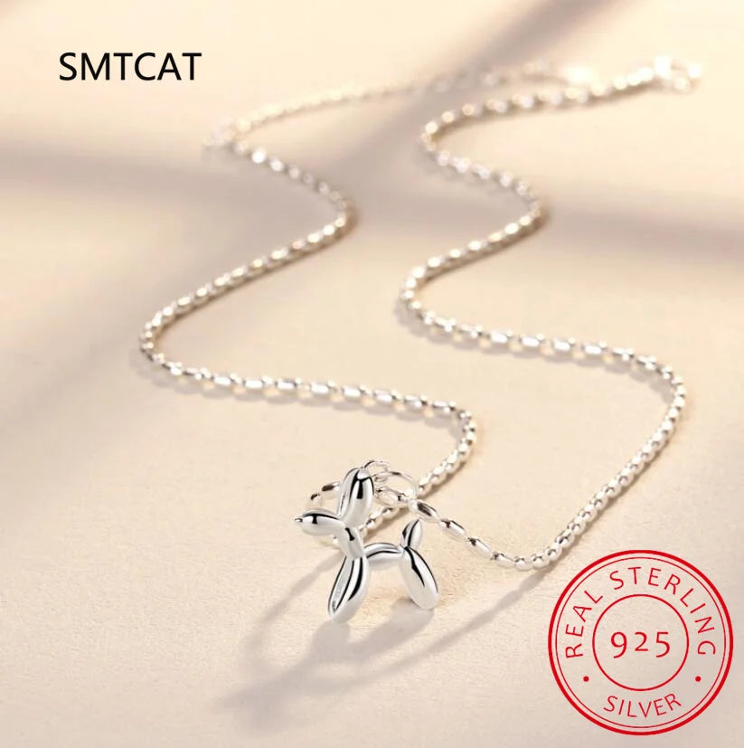 925 Sterling Silver Cute Balloon Dog Pendant Necklace Platinum Plated Neck Chain for Women Birthday Day Gift SCN506