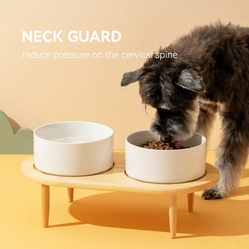 850ml Dog Food Water Bowl Elevated Cat Drinking Eating Feeding Bowls with Wooden Stand Pet Ceramic Feeder with Removable Base