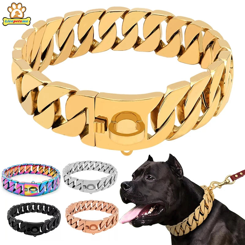 32MM Wide Strong Metal Dog Chain Collars Stainless Steel Dog Choker Pitbull Gold Dog Necklace For Large Dogs