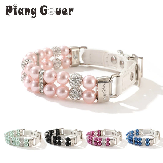 Pearl Pet Collar Artificial Pearls Rhinestone Dog Collar For Cat Necklace Wedding Party Pink Blue Green