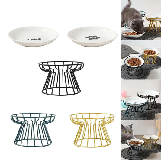 1PC Cat and Dog Bowl Pet Feeding Dish Metal Raised Stand Cat Food Bowl Water Feeder Cat Elevated Feeder Neck Pet Ceramic Bowl