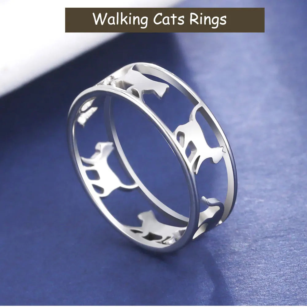 Cazador Hollow Walking Cats Women's Ring Birthday Mother Day Gift Stainless Steel Animal Cute Kitten Finger Rings Jewelry 2024