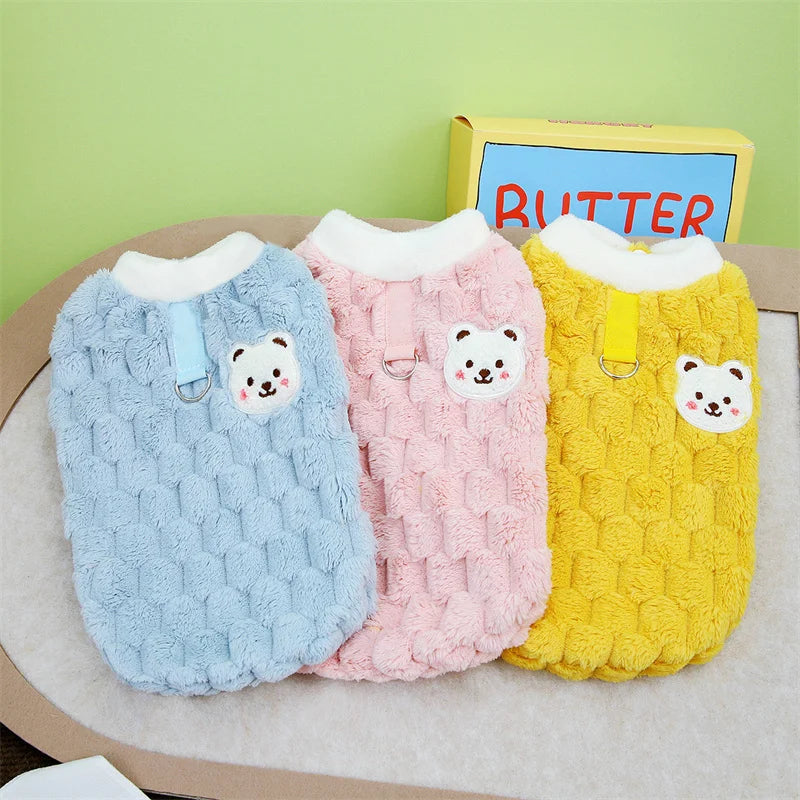 Winter Cat Dog Clothes with Buckle Sweet Bear Print Pet Plush Sweater for Small Dogs Pomeranian Chihuahua Puppy Button Jacket